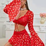 Women sexy red Heart Print See-Through Lace Bra Short Skirt Thong Three-Piece Lingerie
