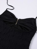 Sexy Textured Halter Neck Low Back V-Neck Slim Fit Holiday Long Dress