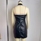 Women Sexy Halter Neck Pu-Leather Lace-Up Bodycon Dress
