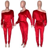 Women Velvet Stretchy Off Shoulder Bat Sleeves Jumpsuit with Belt