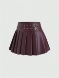 Women Black Pu Leather Pleated Skirt
