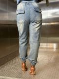 Washed Patchwork Elastic Waist Drawstring Jogger Denim Pants