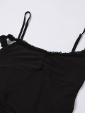 Sexy Mesh Strap Off Shoulder Low Back Asymmetrical Ruffle Long Dress