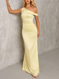 Summer Chic Satin Slash Shoulder Slim Fit Ruched One Shoulder Sexy Long Evening Dress