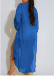 Women's See-Through Long Sleeve Button-Down Side Slit Shirt and Shorts Set
