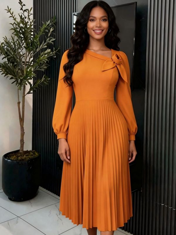 Plus-Size Women Elegant Brown Long-Sleeved Slash Shoulder Floral Pleated Evening Dress
