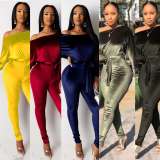 Women Velvet Stretchy Off Shoulder Bat Sleeves Jumpsuit with Belt
