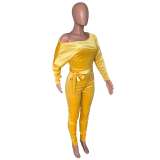 Women Velvet Stretchy Off Shoulder Bat Sleeves Jumpsuit with Belt
