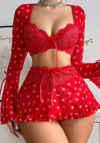 Women sexy red Heart Print See-Through Lace Bra Short Skirt Thong Three-Piece Lingerie