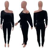 Women Velvet Stretchy Off Shoulder Bat Sleeves Jumpsuit with Belt