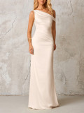 Summer Chic Satin Slash Shoulder Slim Fit Ruched One Shoulder Sexy Long Evening Dress