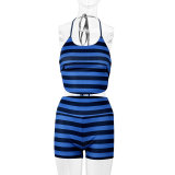 Women American Style Halter Neck Tie Striped Suspender Top and Drawstring Color Block Casual Shorts Two-Piece Set