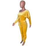 Women Velvet Stretchy Off Shoulder Bat Sleeves Jumpsuit with Belt