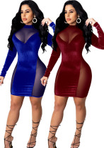 Spring Women's Chic Mesh Patchwork Velvet Long Sleeve Dress