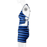 Women American Style Halter Neck Tie Striped Suspender Top and Drawstring Color Block Casual Shorts Two-Piece Set