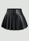 Women Black Pu Leather Pleated Skirt