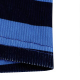 Women American Style Halter Neck Tie Striped Suspender Top and Drawstring Color Block Casual Shorts Two-Piece Set