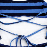 Women American Style Halter Neck Tie Striped Suspender Top and Drawstring Color Block Casual Shorts Two-Piece Set