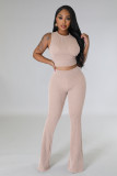 Women's Casual Fashion Solid Ribbed Sleeveless Top and Flared Pants Two-Piece Set
