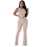 Women's Casual Fashion Solid Ribbed Sleeveless Top and Flared Pants Two-Piece Set
