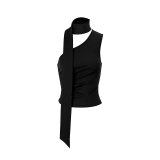 Women American Style Sexy Summer Slash Shoulder Sleeveless Flowy Ribbon Top