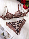 Women Lace Leopard Print Patchwork Underwire Bra Sexy Lingerie Two-Piece Set