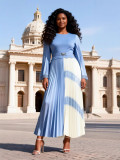 Plus Size African Women Pleated Color Block Elegant Maxi Dress