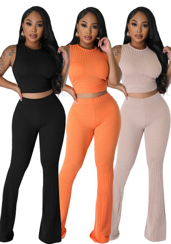 Women's Casual Fashion Solid Ribbed Sleeveless Top and Flared Pants Two-Piece Set