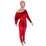 Women Velvet Stretchy Off Shoulder Bat Sleeves Jumpsuit with Belt