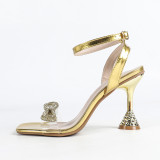 Women Rhinestone Double-Layer Bow Sandals, Square Toe, Open-Toe Gold Stiletto Heels