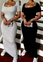 Women's Fashion Solid Ribbed Tight Fitting Square Neck Short Sleeve Dress