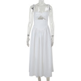 Women Summer Beach Holiday Hollow-Out Suspender Puff Dress