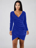Women Sexy White Collar V-Neck Gold Velvet Bodycon Dress