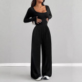 Women Casual Round Neck Long Sleeve Wide Leg Jumpsuit