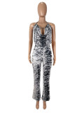 Women sexy Backless Zebra Print Mesh Top and Long Pants Two-piece