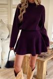 Women Long-Sleeved High-Neck Knitting Pleated Skirt