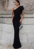 Women Slash Shoulder Patchwork Feather Evening Dress