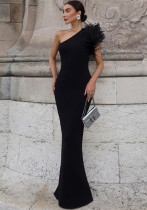 Women Slash Shoulder Patchwork Feather Evening Dress