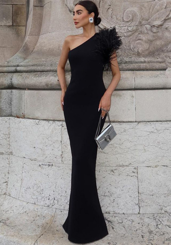 Women Slash Shoulder Patchwork Feather Evening Dress