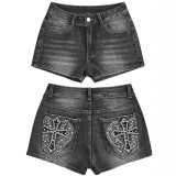 Women Sexy Embroidered Pocket Denim Shorts