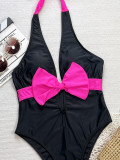 Women bikini black and white contrast bow tie Lace-Up one-piece swimsuit