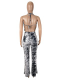 Women sexy Backless Zebra Print Mesh Top and Long Pants Two-piece