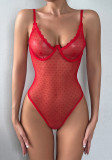 Women Basic Polka Dot Mesh See-Through Red Bodysuit Sexy Lingerie