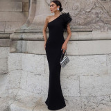 Women Slash Shoulder Patchwork Feather Evening Dress