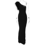 Women Slash Shoulder Patchwork Feather Evening Dress
