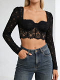 Women Long-Sleeved Mesh Lace See-Through Sexy Top