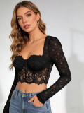 Women Long-Sleeved Mesh Lace See-Through Sexy Top