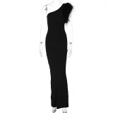 Women Slash Shoulder Patchwork Feather Evening Dress
