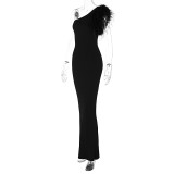 Women Slash Shoulder Patchwork Feather Evening Dress