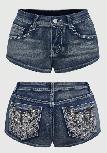 Women Embroidered Beaded Denim Shorts